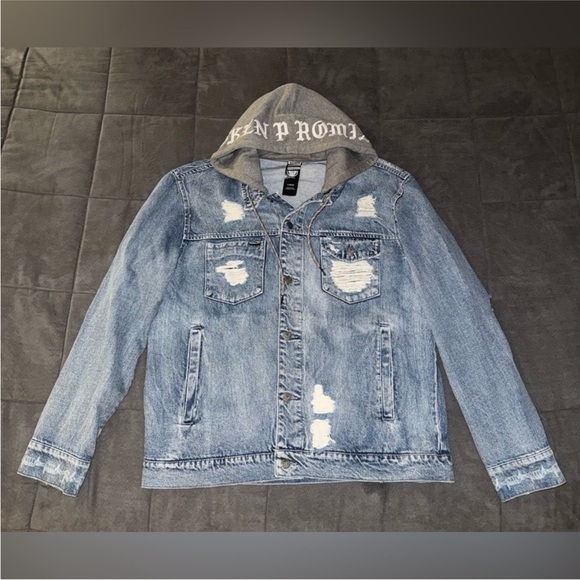 Broken Promises Men’s Distressed Jean Jacket With Gray Hood - Picture 1 of 8